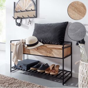 FineBuy Sitzbank mit Stauraum 90x52x38 cm Mango Massivholz / Metall Flurbank, Schuhbank mit Sitzfläche Klein, Schmale Garderobenbank mit Schuhregal