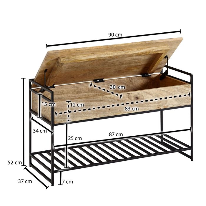 Sitzbank FineBuy Flurbank mit Stauraum 90x52x38 cm Massivholz Bank Flur Truhe – Maßzeichnung