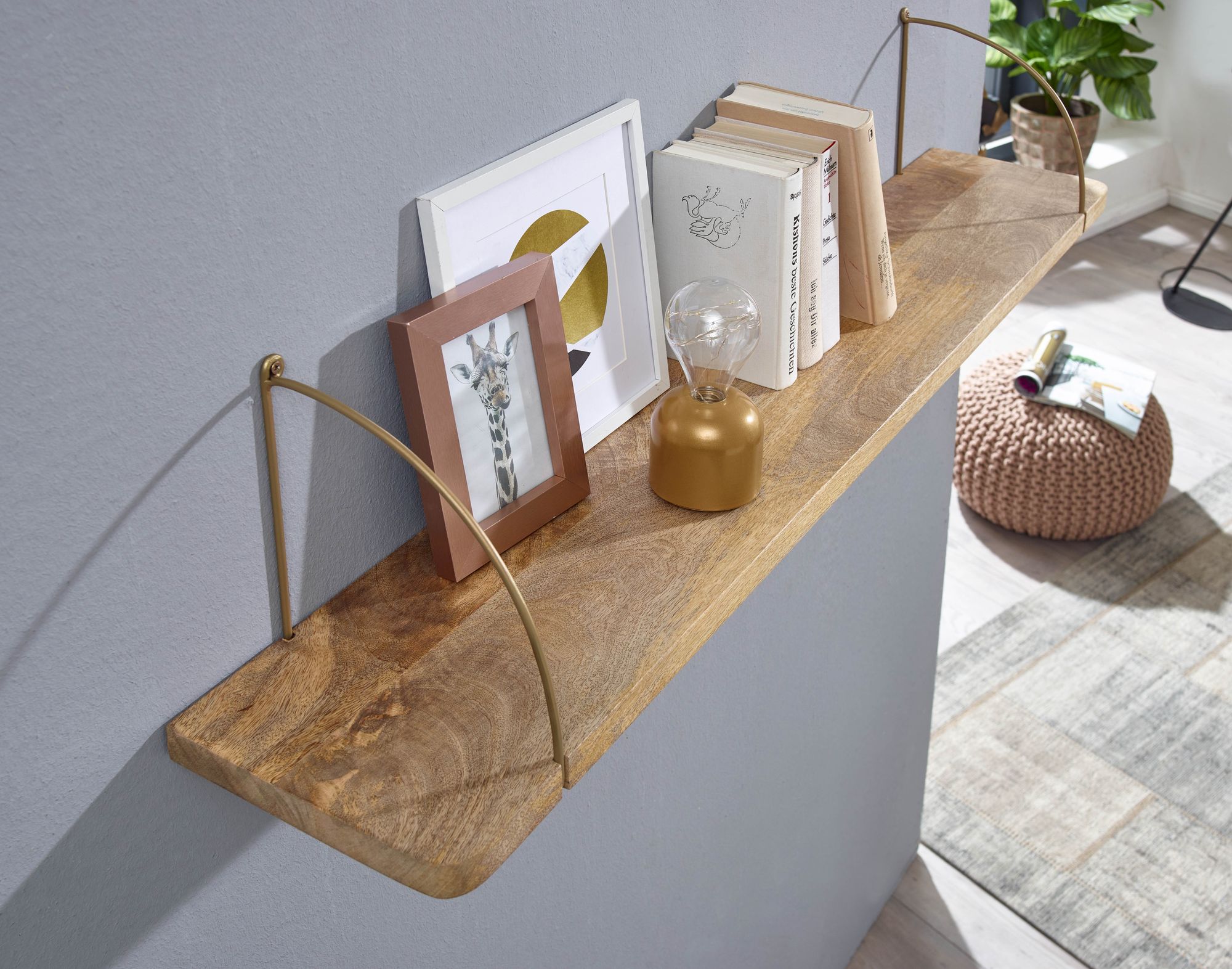 FineBuy Wandregal Mango Massivholz / Metall Hängeregal Industrial, Design Schweberegal, Regal Hängend Wohnzimmer, Bücherregal Wand | Farbe: Braun