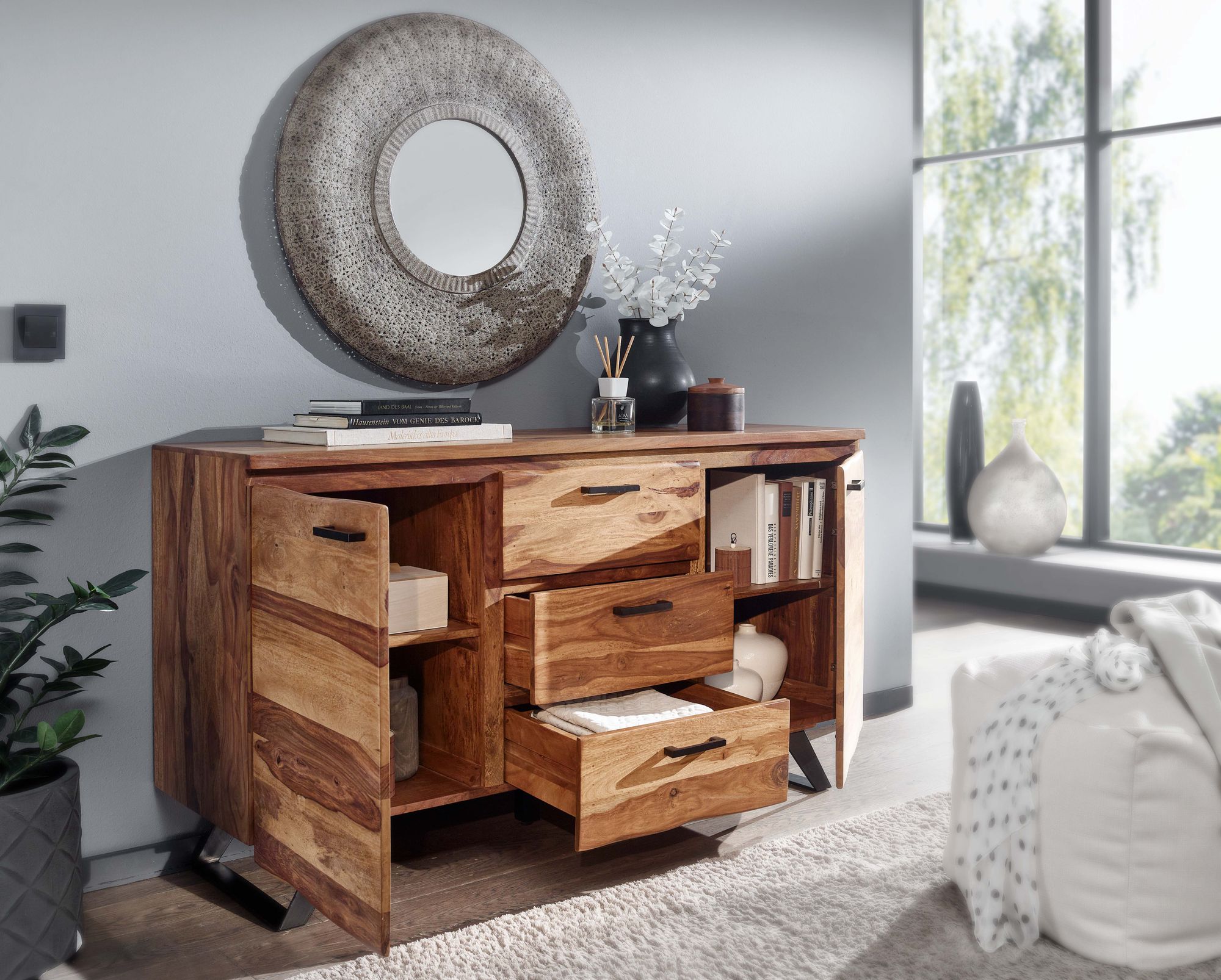 Massivholz Sideboard 145cm Sheesham Design Kommode mit 2 Türen & 3 Schubladen Baumkante – Ansicht 5
