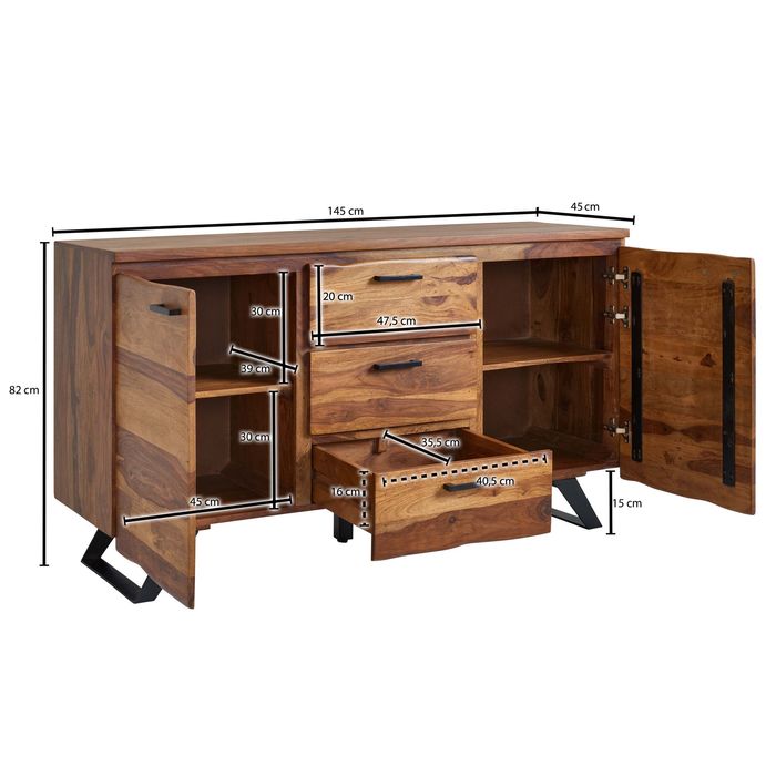 Massivholz Sideboard 145cm Sheesham Design Kommode mit 2 Türen & 3 Schubladen Baumkante – Maßzeichnung