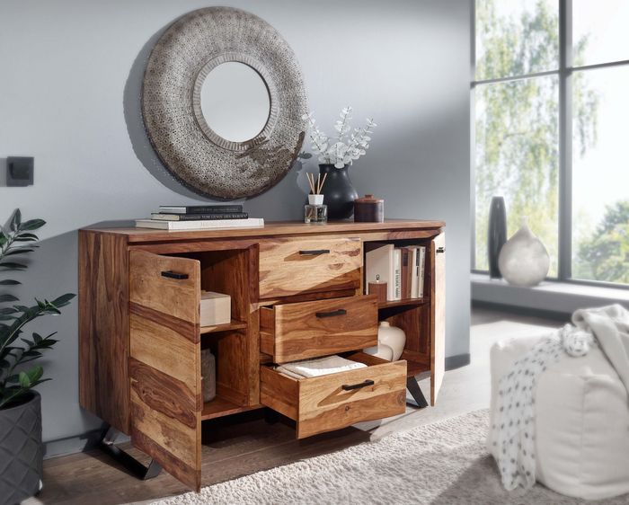 FineBuy Sideboard 145x82x45 cm Sheesham Massivholz / Metall mit Baumkante, Kommode mit Schubladen, Anrichte Schubladenschrank Modern 4251757710285