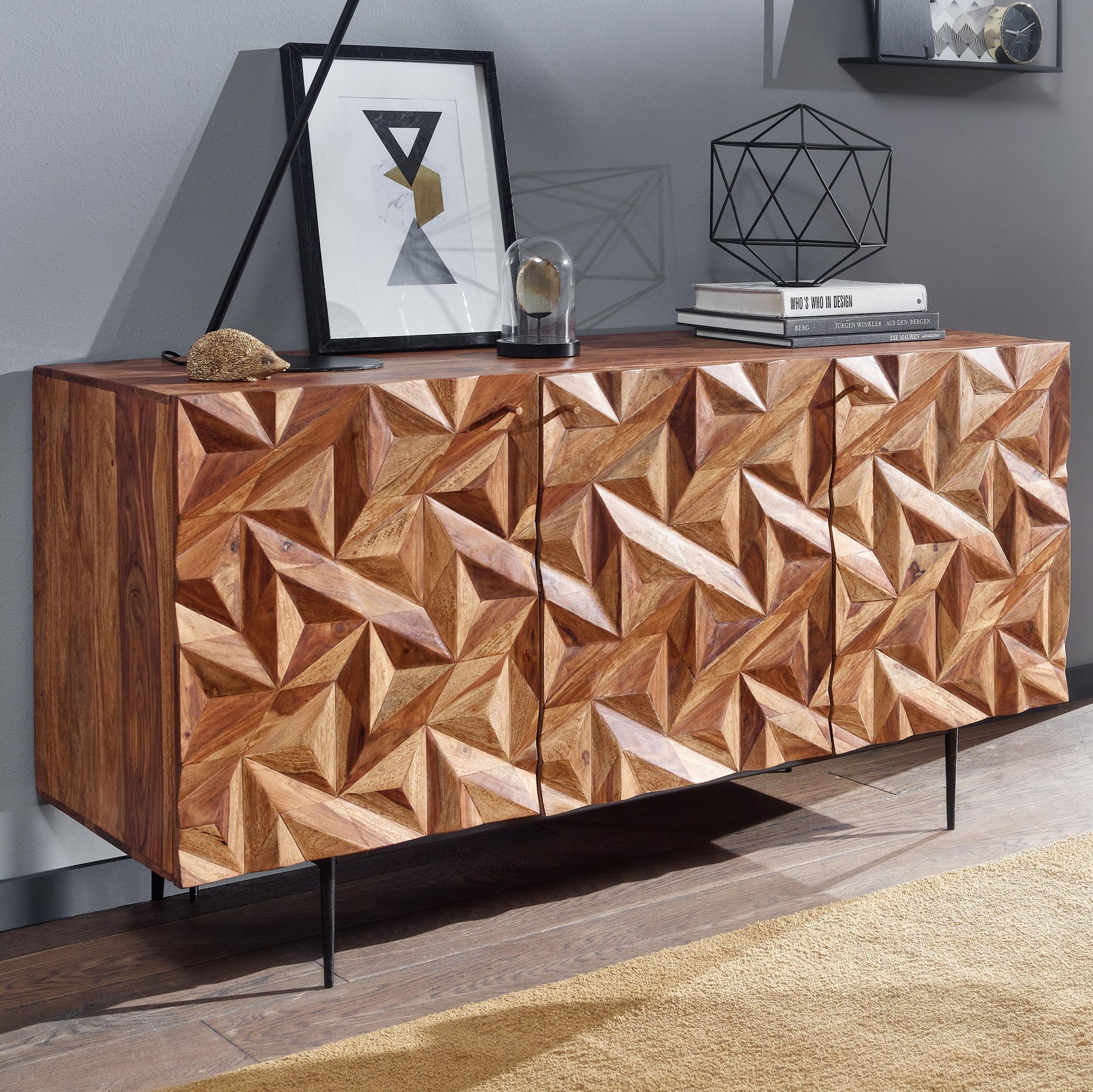 Massivholz Sideboard 145cm Sheesham Kommode mit 3 Türen Retro 3D Design Metall schwarz – Ansicht 1