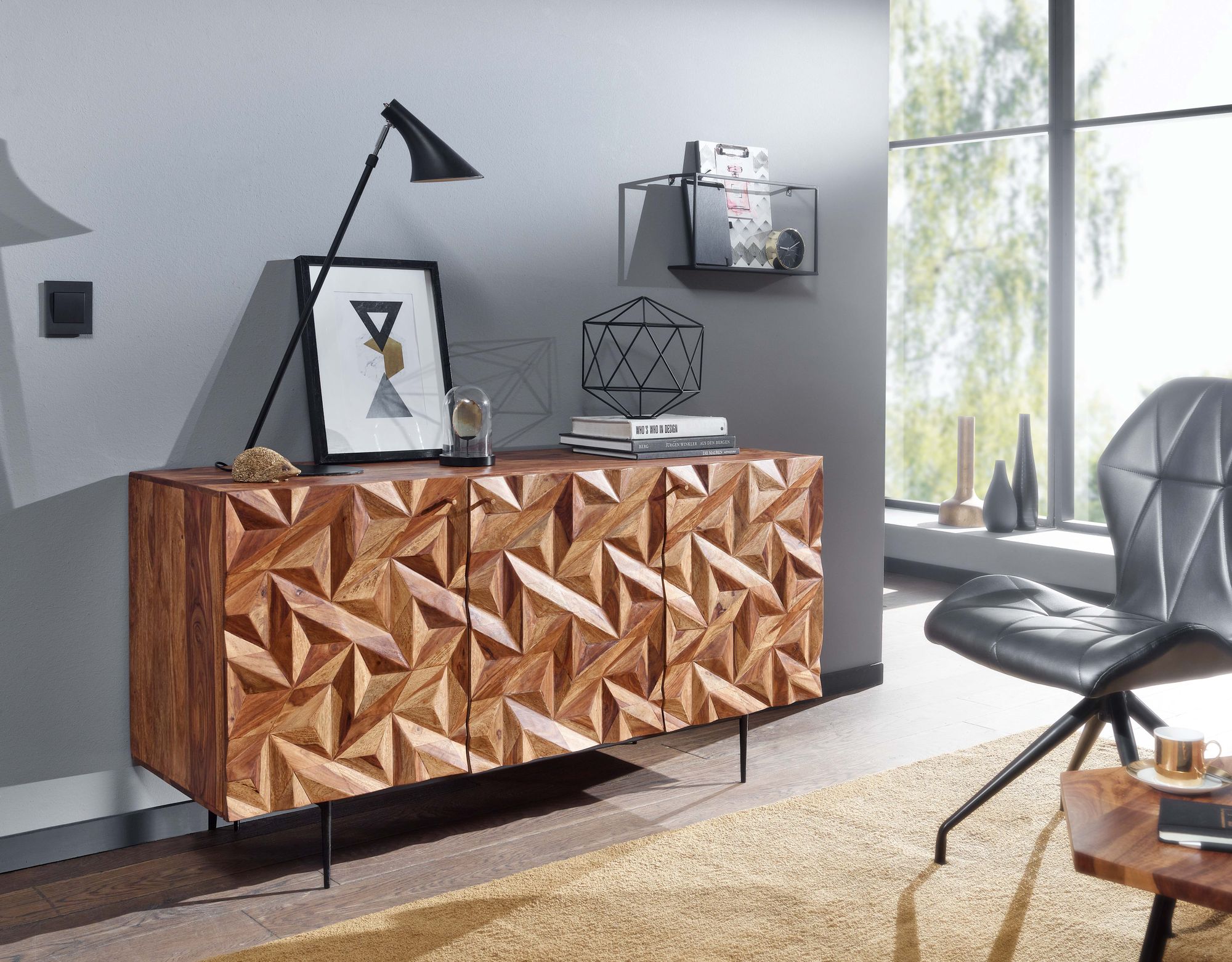 Massivholz Sideboard 145cm Sheesham Kommode mit 3 Türen Retro 3D Design Metall schwarz – Ansicht 2