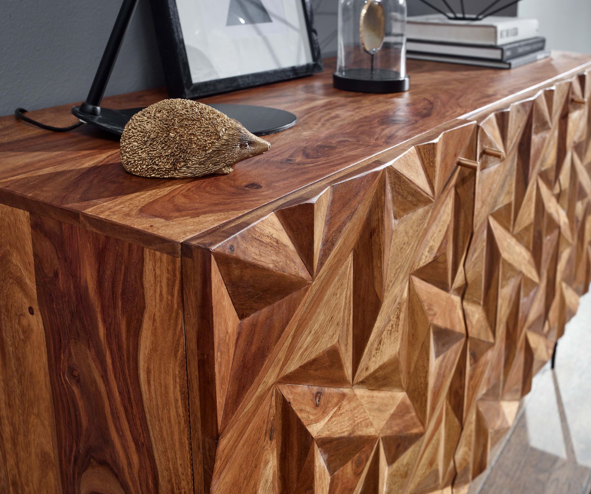 Massivholz Sideboard 145cm Sheesham Kommode mit 3 Türen Retro 3D Design Metall schwarz – Ansicht 4