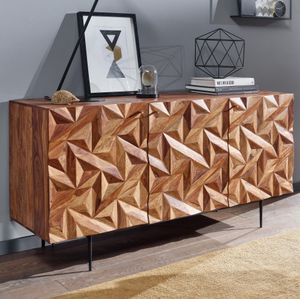 FineBuy Sideboard 144x72x47 cm Sheesham Massivholz / Metall Anrichte, Kommode mit drei Türen, Kommodenschrank Holz Modern, Standschrank Wohnzimmer 4251757710292