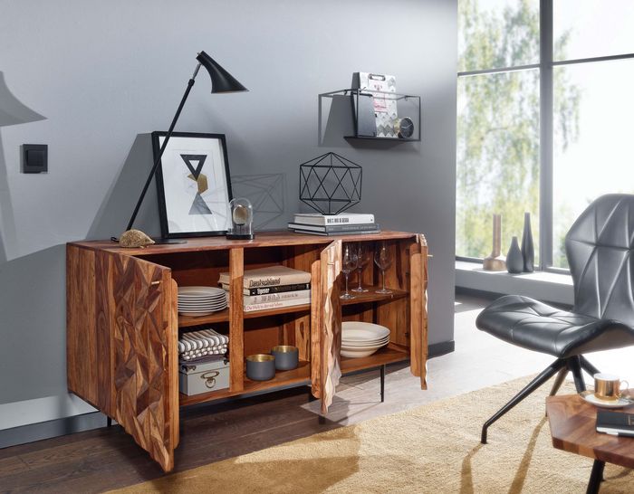 FineBuy Sideboard 144x72x47 cm Sheesham Massivholz / Metall Anrichte, Kommode mit drei Türen, Kommodenschrank Holz Modern, Standschrank Wohnzimmer 4251757710292