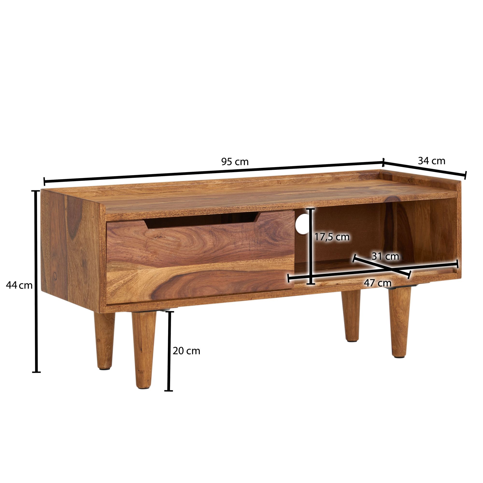 FineBuy Lowboard Sheesham Massivholz 95x44x34 cm TV-Kommode mit Schiebetür, Design TV-Schrank Hoch, Fernsehtisch Fernsehschrank Modern, Fernsehkommode Wohnzimmer | Farbe: Braun