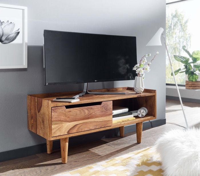 FineBuy Lowboard Sheesham Massivholz 95x44x34 cm TV-Kommode mit Schiebetür, Design TV-Schrank Hoch, Fernsehtisch Fernsehschrank Modern, Fernsehkommode Wohnzimmer