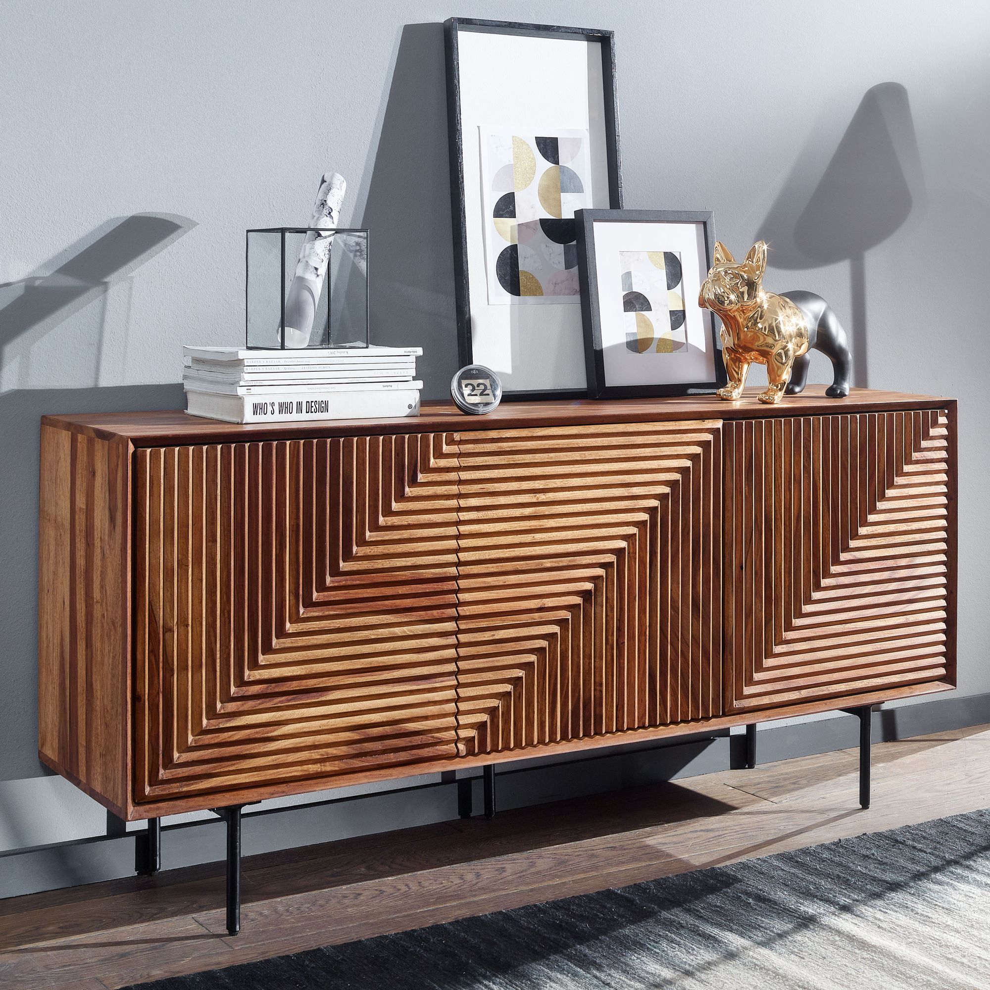 Massivholz Design Sideboard 150cm Sheesham Kommode mit 3 Türen Retro Design Metall schwarz – Ansicht 1