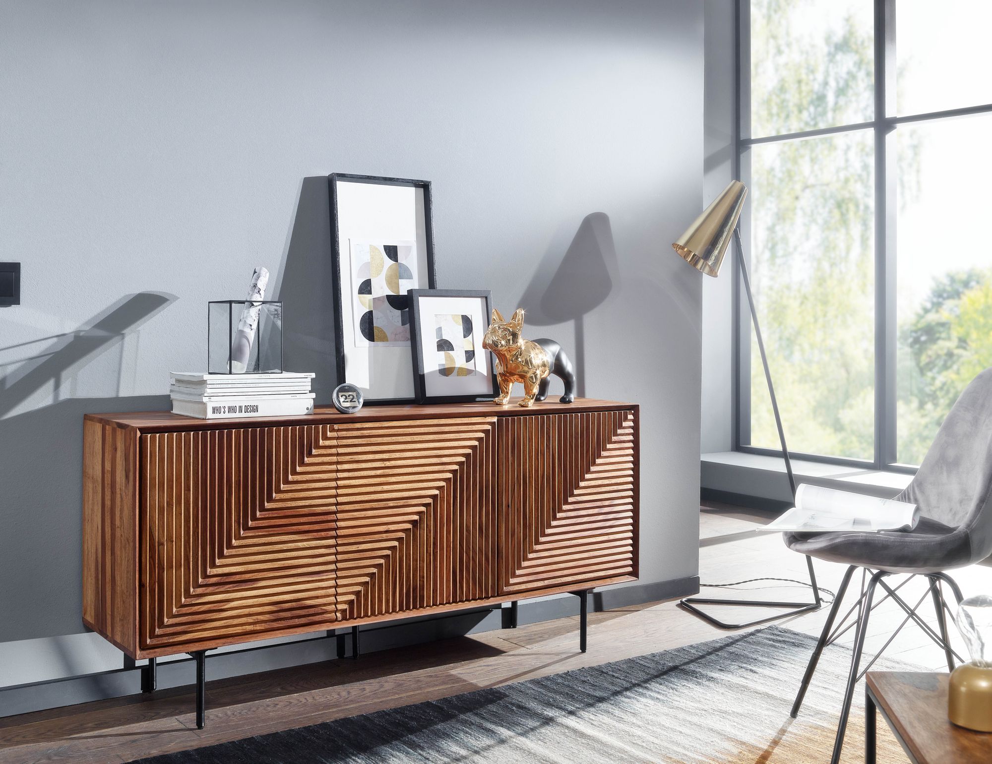 Massivholz Design Sideboard 150cm Sheesham Kommode mit 3 Türen Retro Design Metall schwarz – Ansicht 2