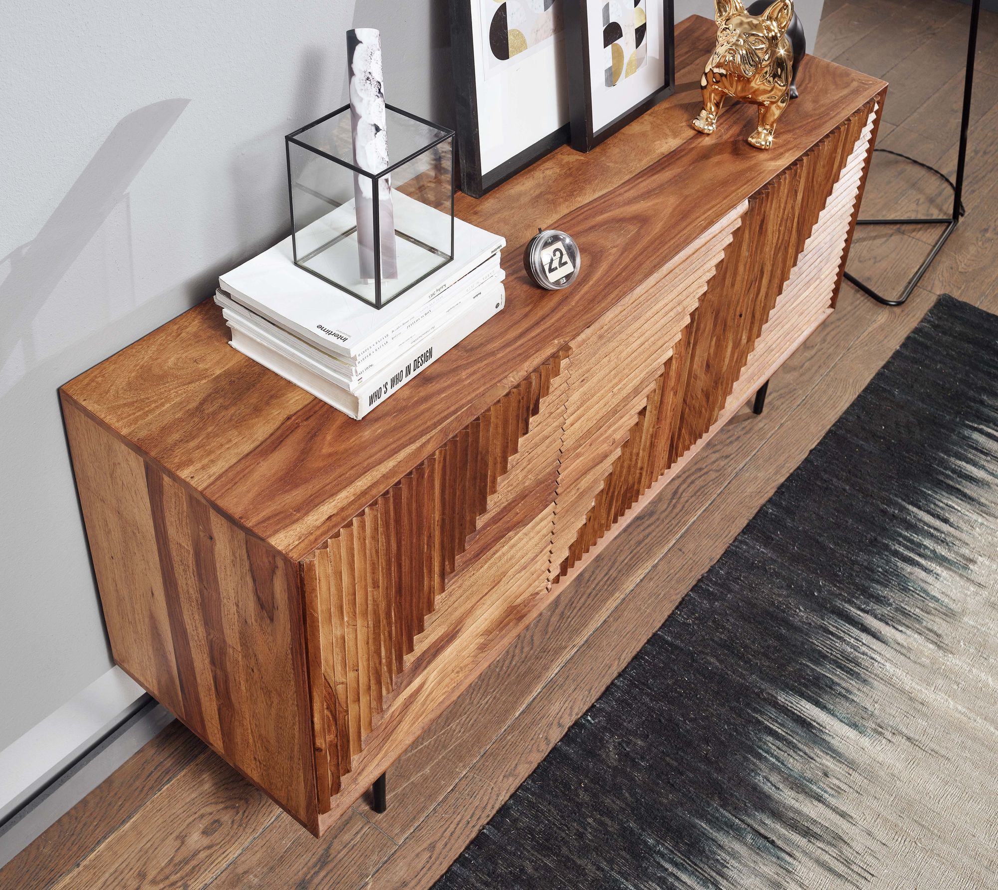 Massivholz Design Sideboard 150cm Sheesham Kommode mit 3 Türen Retro Design Metall schwarz – Ansicht 4