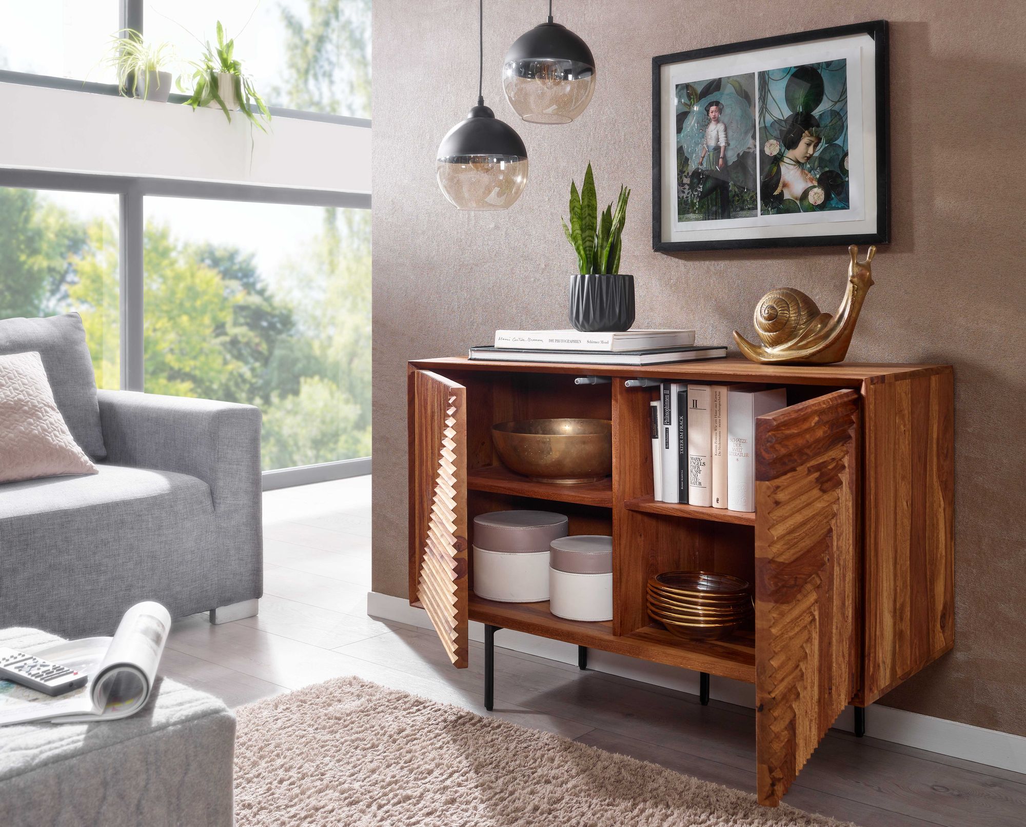 Massivholz Design Sideboard 100cm Sheesham Kommode mit 2 Türen Retro Design Metall schwarz – Ansicht 6