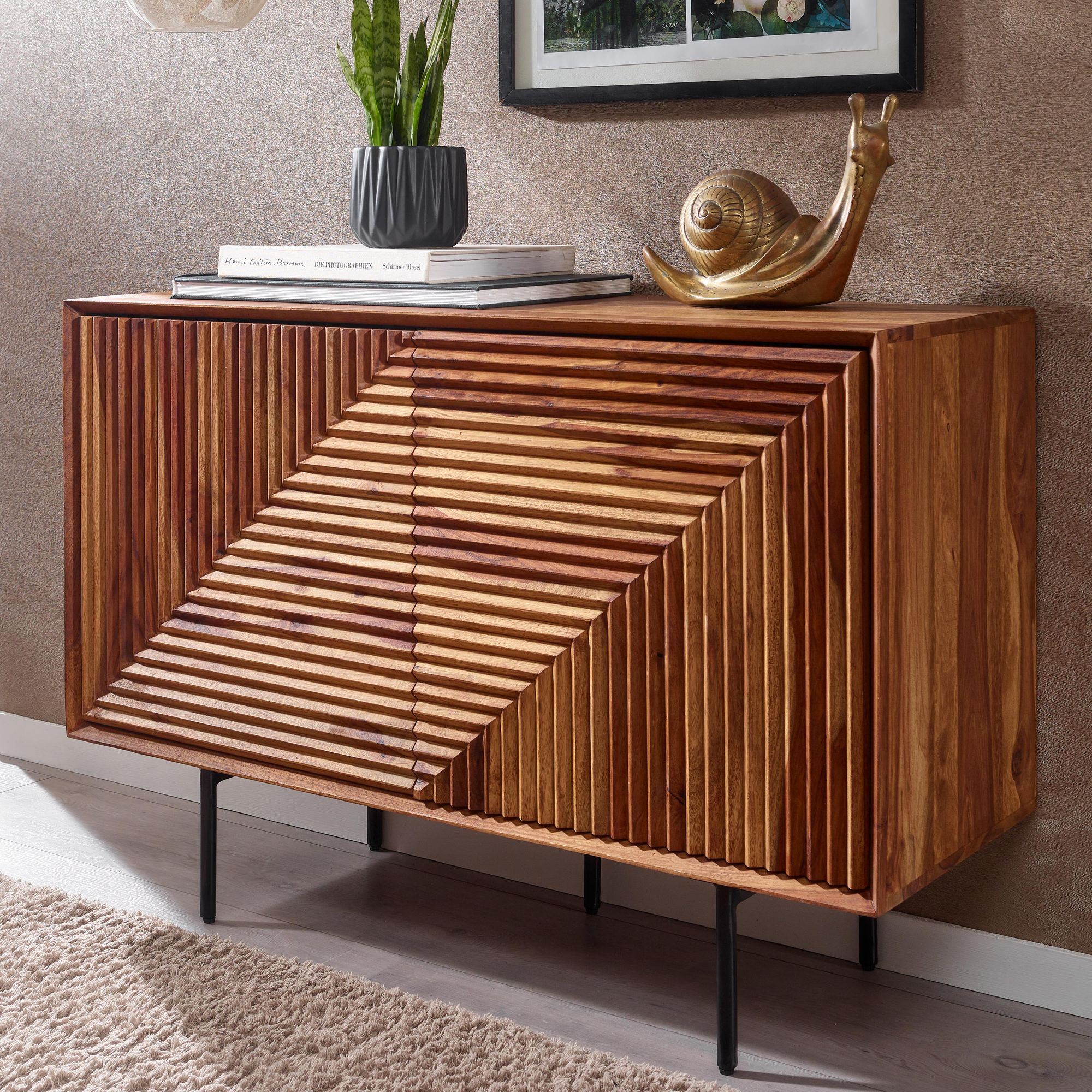 Massivholz Design Sideboard 100cm Sheesham Kommode mit 2 Türen Retro Design Metall schwarz – Ansicht 1