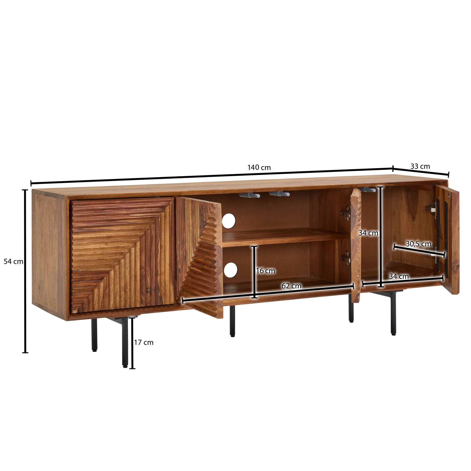 Massive TV-Board Kommode 140cm Sheesham Massivholz 3 Türen Fernsehschrank Lowboard – Ansicht 3