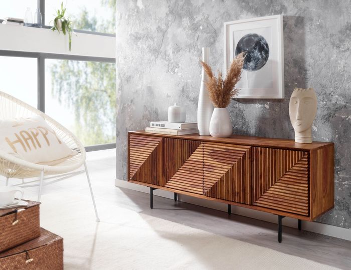 FineBuy Lowboard Sheesham Massivholz 140x54x33 cm TV-Kommode mit vier Türen, Design TV-Schrank Hoch, Fernsehtisch Fernsehschrank Modern, Fernsehkommode Wohnzimmer 4251757710339