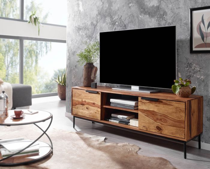FineBuy Lowboard Sheesham Massivholz 147x51x38 cm TV-Kommode mit zwei Türen, Design TV-Schrank Hoch, Fernsehtisch Fernsehschrank Modern, Fernsehkommode Wohnzimmer 4251757710346