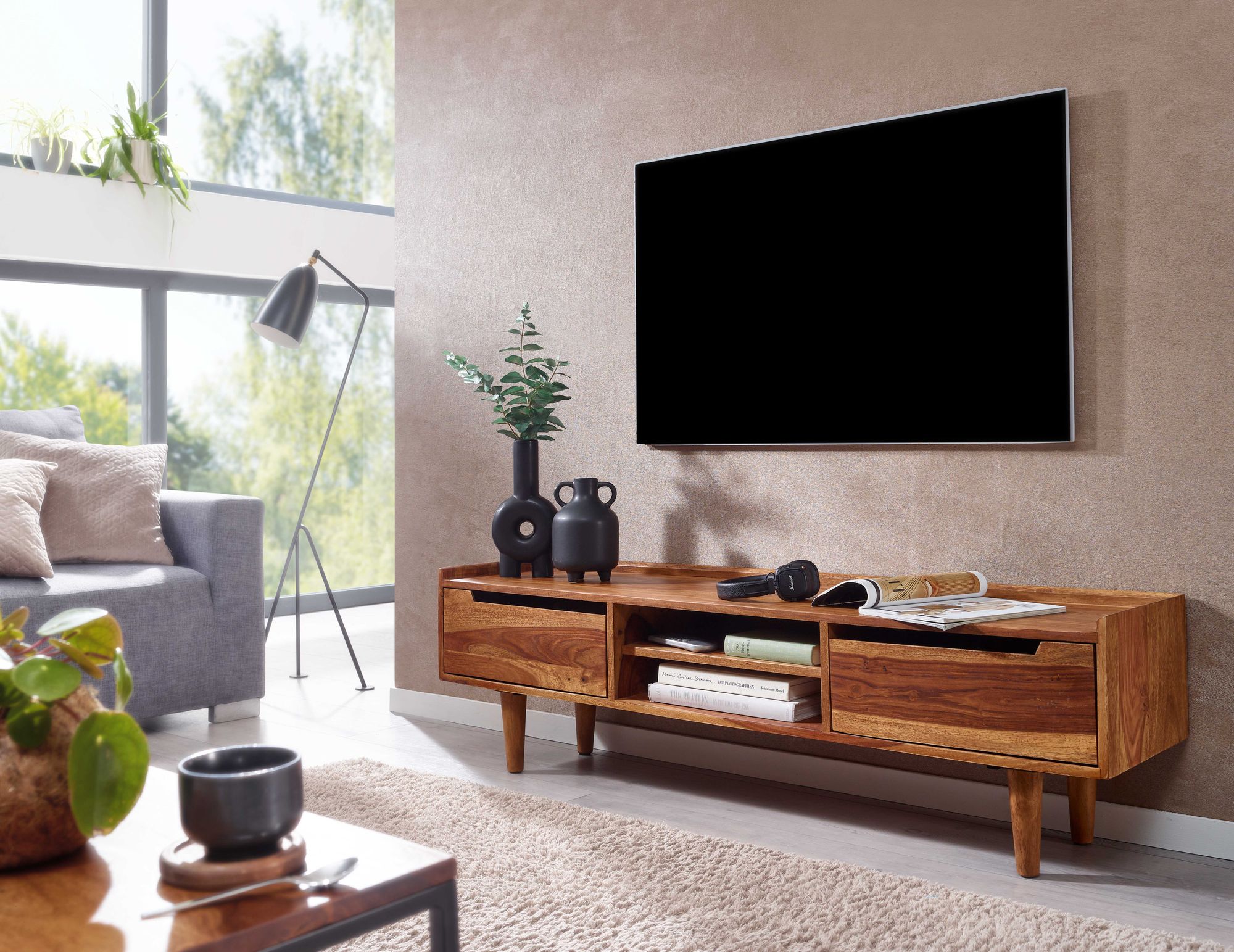FineBuy Lowboard Sheesham Massivholz 145x43x35 cm TV-Kommode mit zwei Türen, Design TV-Schrank Hoch, Fernsehtisch Fernsehschrank Modern, Fernsehkommode Wohnzimmer | Farbe: Braun