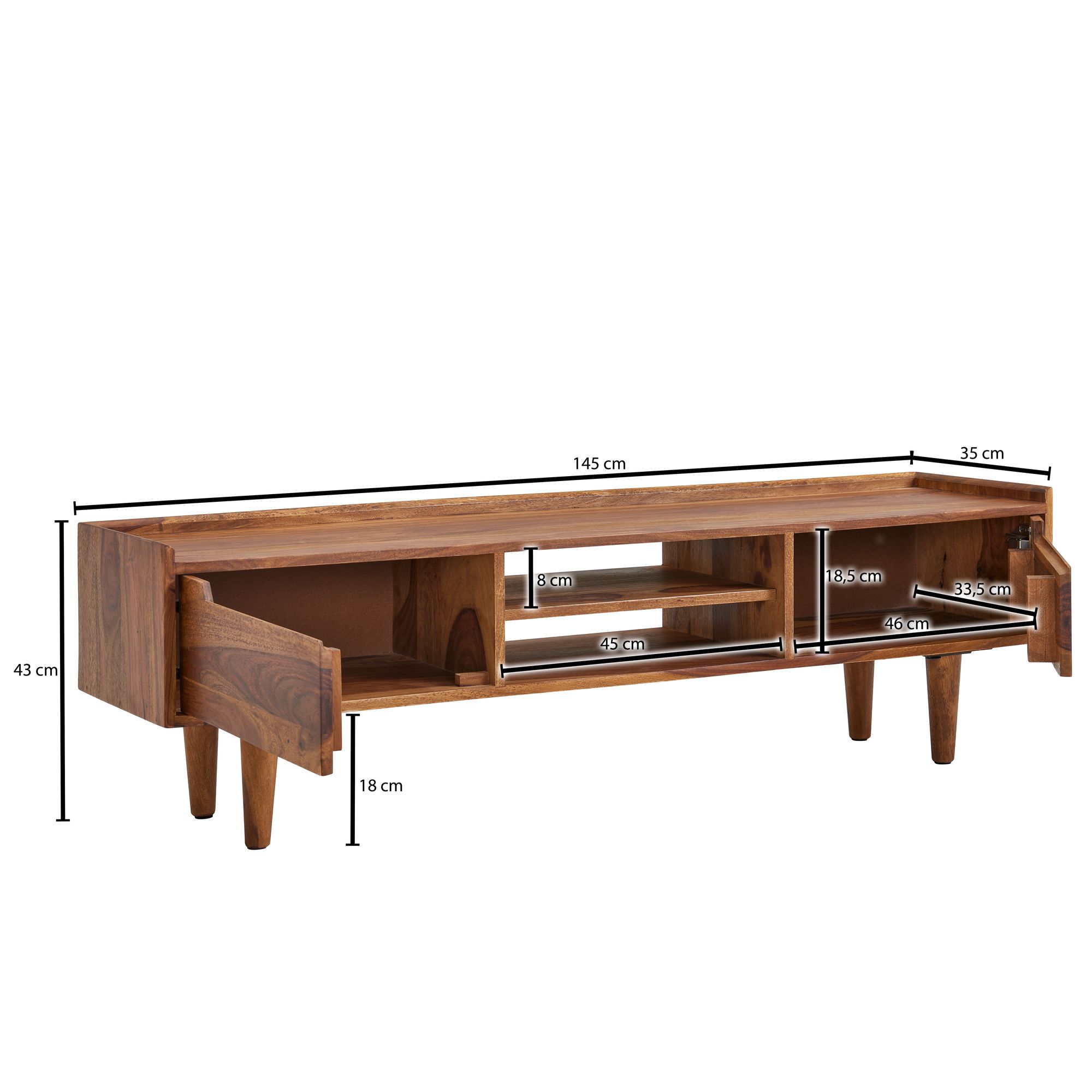 FineBuy Lowboard Sheesham Massivholz 145x43x35 cm TV-Kommode mit zwei Türen, Design TV-Schrank Hoch, Fernsehtisch Fernsehschrank Modern, Fernsehkommode Wohnzimmer | Farbe: Braun