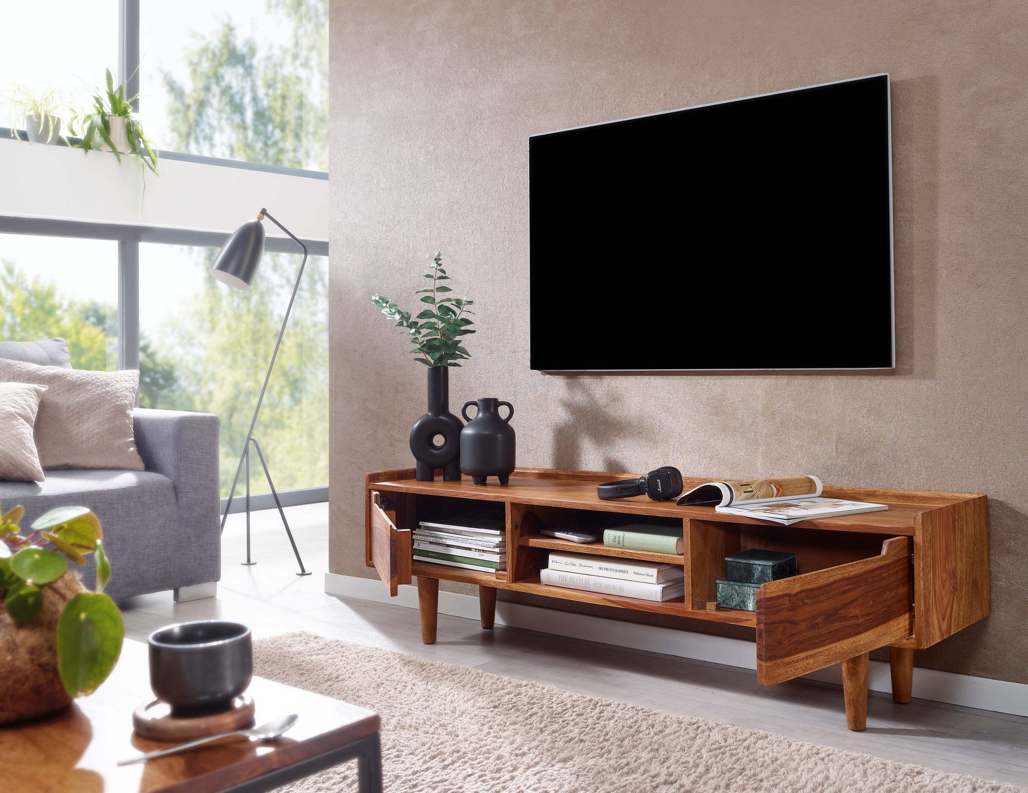 FineBuy Lowboard Sheesham Massivholz 145x43x35 cm TV-Kommode mit zwei Türen, Design TV-Schrank Hoch, Fernsehtisch Fernsehschrank Modern, Fernsehkommode Wohnzimmer | Farbe: Braun