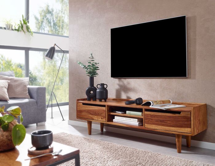 FineBuy Lowboard Sheesham Massivholz 145x43x35 cm TV-Kommode mit zwei Türen, Design TV-Schrank Hoch, Fernsehtisch Fernsehschrank Modern, Fernsehkommode Wohnzimmer 4251757710353