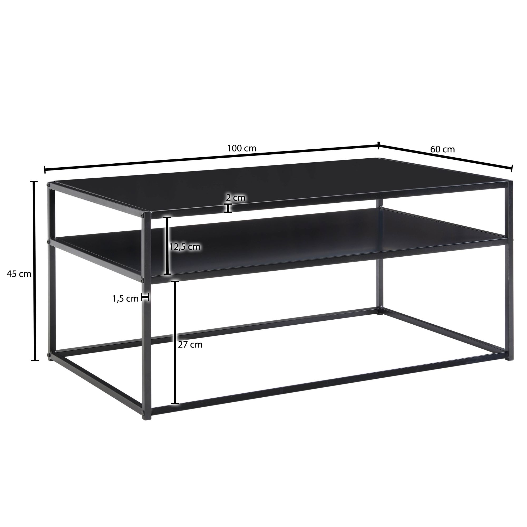 FineBuy Couchtisch mit Ablage 100 cm rechteckig Schwarz Metall - Industrial Alu Wohnzimmertisch - Skandinavisches Design Beistelltisch für Wohnzimmer Aluminium | Farbe: Schwarz