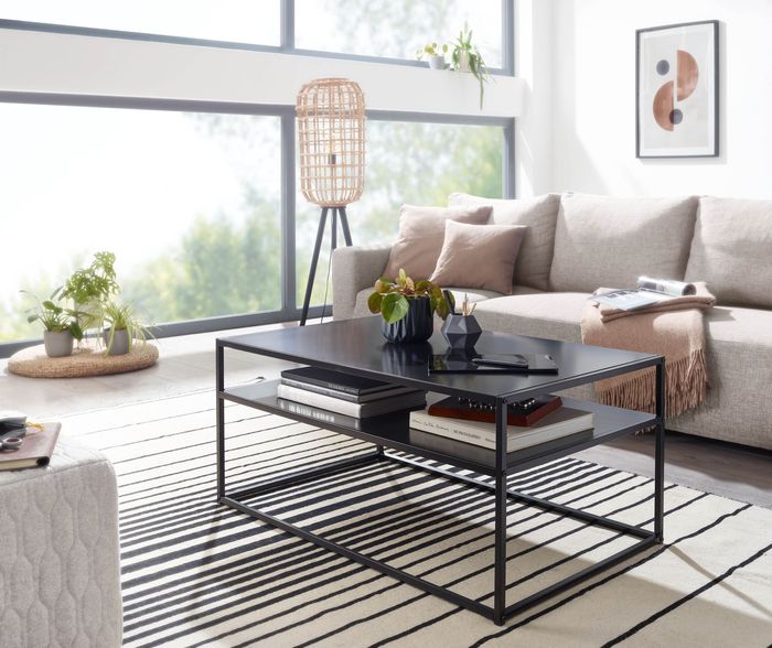 FineBuy Couchtisch 100x60x45 cm Metall Wohnzimmertisch Industrial Schwarz, Sofatisch Stahl mit Stauraum, Loungetisch mit Ablagefach, Kaffeetisch Beistelltisch Eckig 4251757710377