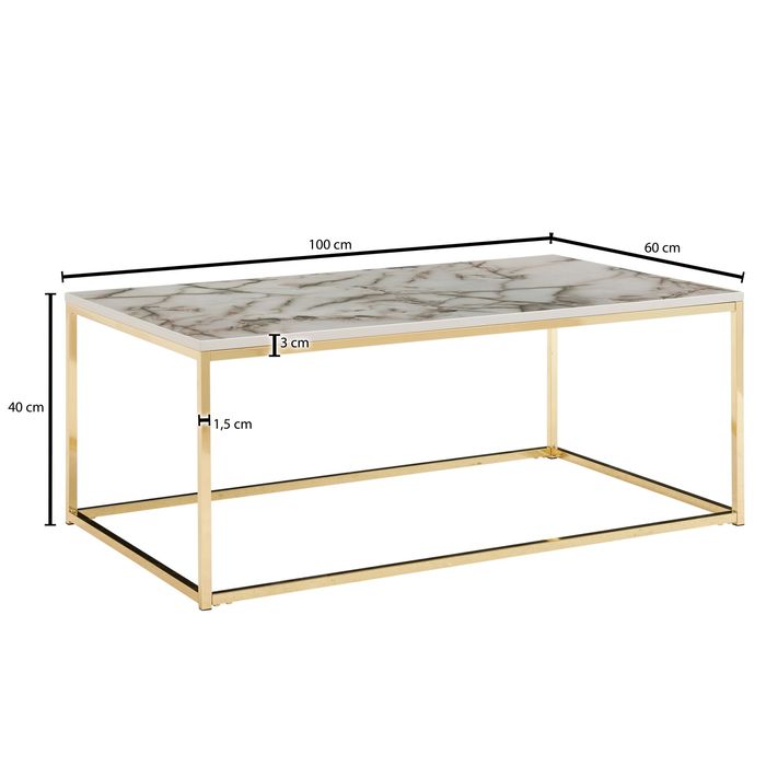 Couchtisch 100cm rechteckig Marmor Optik Metallgestell Wohnzimmertisch – Maßzeichnung