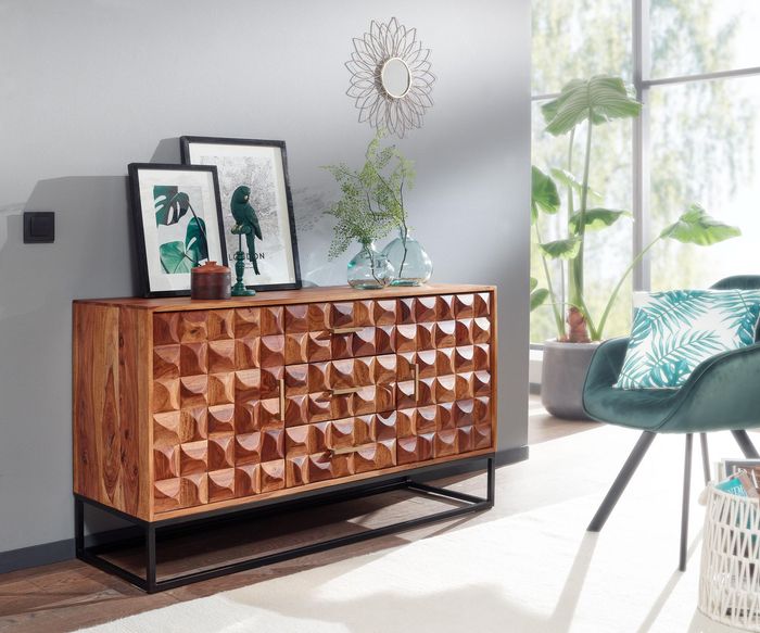 FineBuy Sideboard 145x81x45 cm Sheesham Massivholz / Metall Anrichte, Kommode mit zwei Türen, Kommodenschrank Holz Industrial, Standschrank Wohnzimmer mit Schubladen 4251757710414