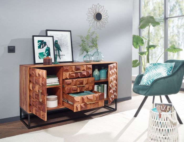 FineBuy Sideboard 145x81x45 cm Sheesham Massivholz / Metall Anrichte, Kommode mit zwei Türen, Kommodenschrank Holz Industrial, Standschrank Wohnzimmer mit Schubladen 4251757710414