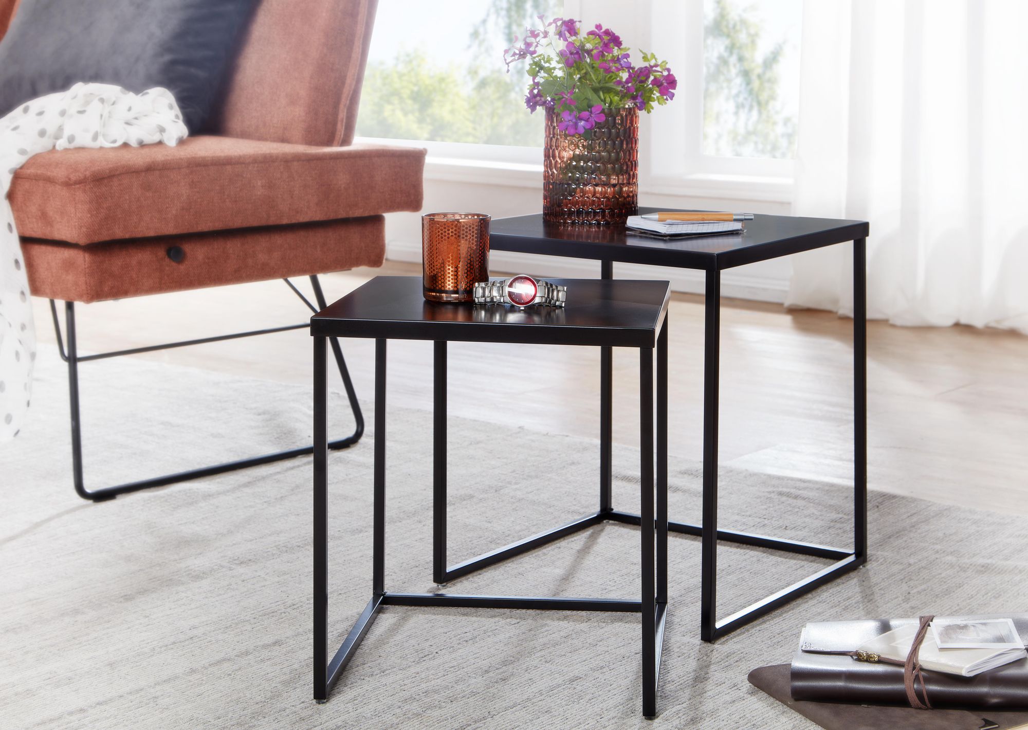 FineBuy Wohnzimmertisch 2er Set Metall Beistelltisch Eckig Schwarz, Design Beistelltisch Industrial, Sofatisch Couchtisch Quadratisch, Tischset 2-teilig Satztisch Stahl | Farbe: Schwarz