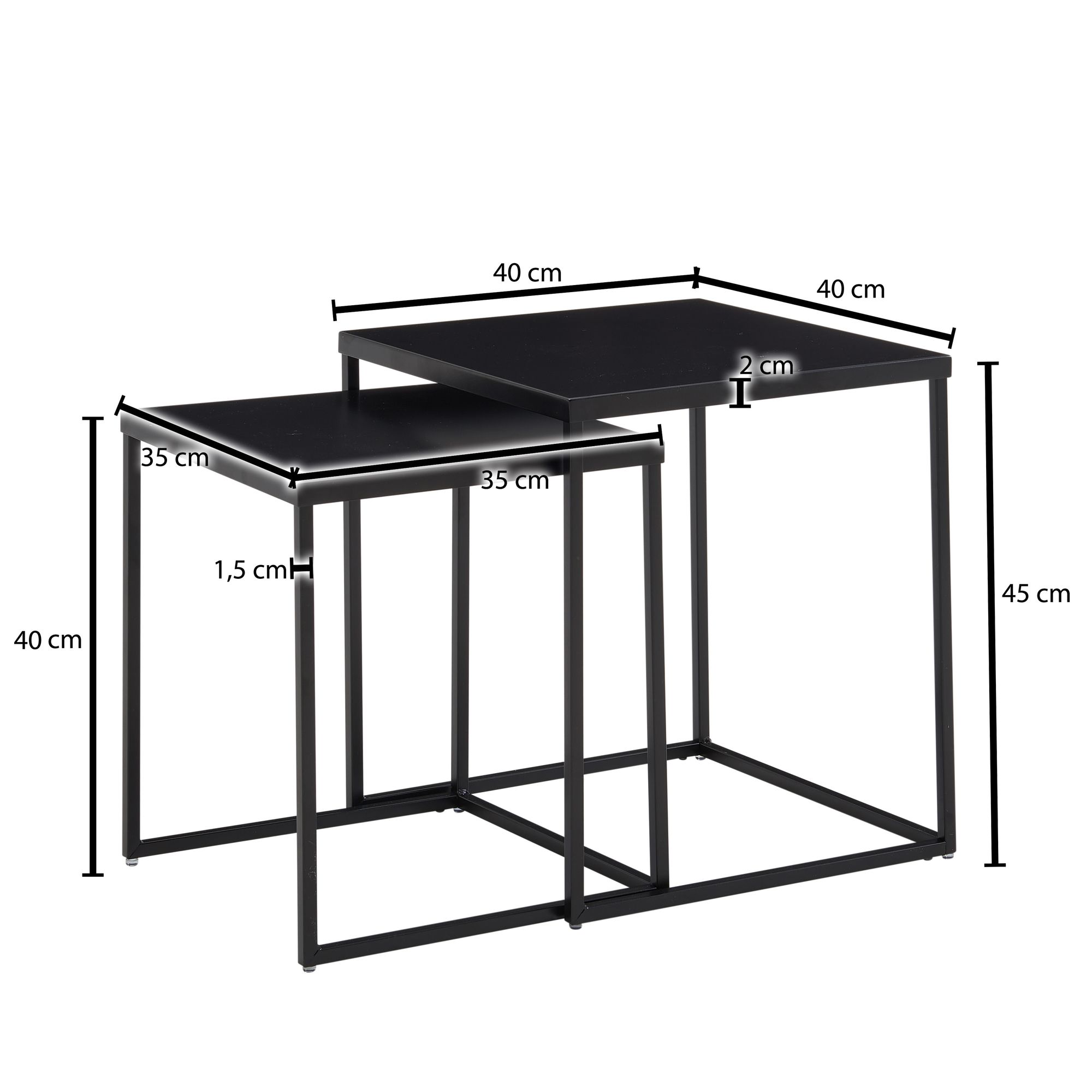 FineBuy Wohnzimmertisch 2er Set Metall Beistelltisch Eckig Schwarz, Design Beistelltisch Industrial, Sofatisch Couchtisch Quadratisch, Tischset 2-teilig Satztisch Stahl | Farbe: Schwarz