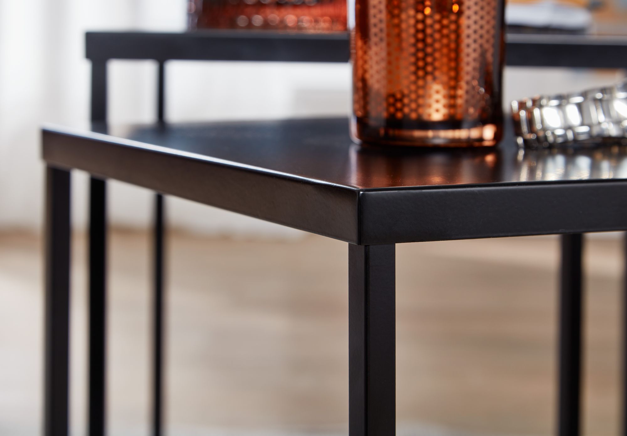 FineBuy Wohnzimmertisch 2er Set Metall Beistelltisch Eckig Schwarz, Design Beistelltisch Industrial, Sofatisch Couchtisch Quadratisch, Tischset 2-teilig Satztisch Stahl | Farbe: Schwarz