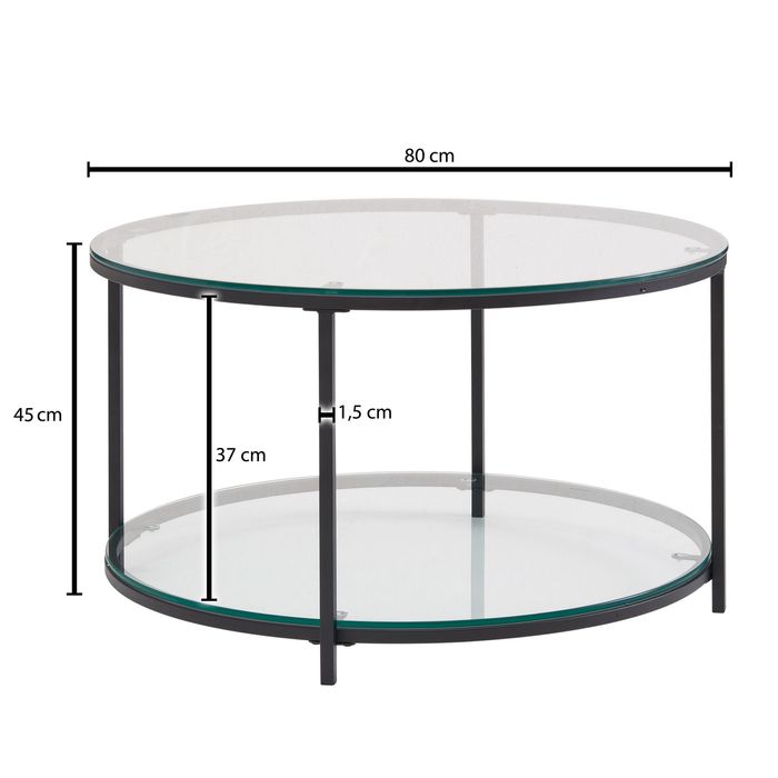 Couchtisch FineBuy Sofatisch Glas Wohnzimmertisch Ø 80 cm Rund Tisch Stauraum – Maßzeichnung