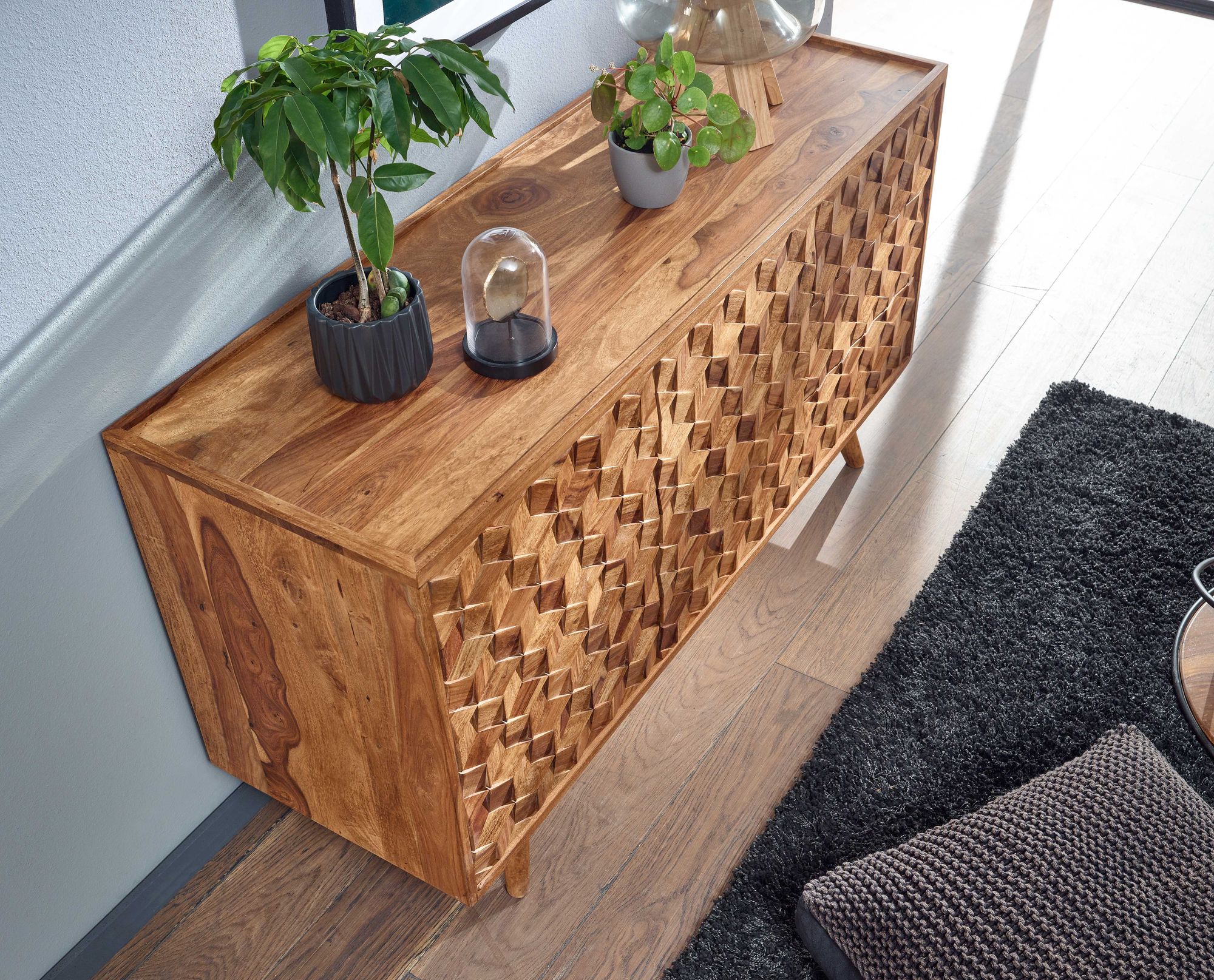 Massivholz Sideboard 140cm Sheesham Natur Kommode mit 2 Türen & 3 Schubladen Retro Design – Ansicht 4