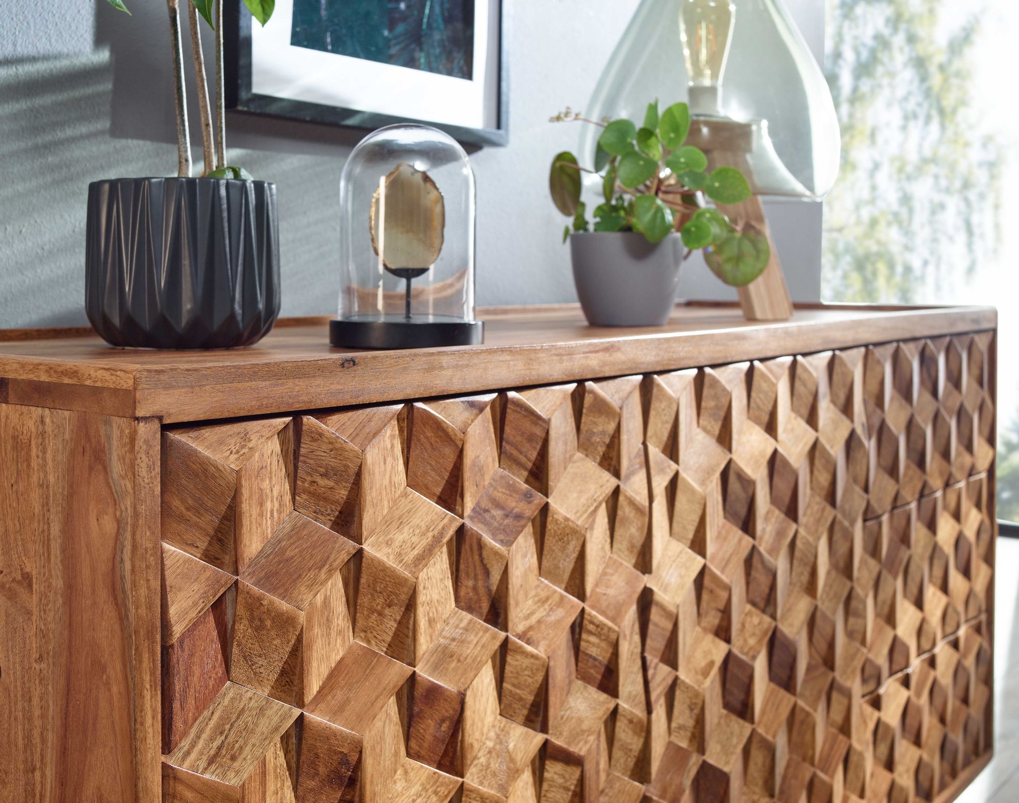 Massivholz Sideboard 140cm Sheesham Natur Kommode mit 2 Türen & 3 Schubladen Retro Design – Ansicht 5