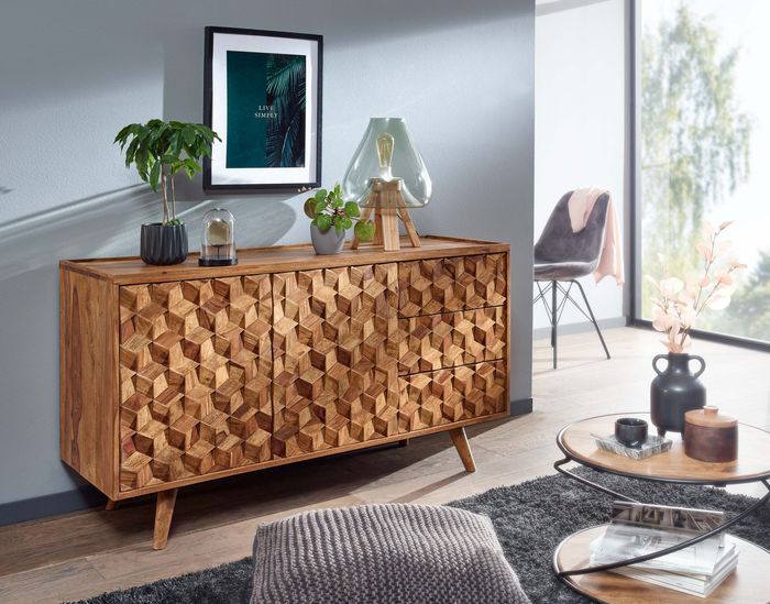 FineBuy Sideboard 138x76x45 cm Sheesham Massivholz Anrichte mit Türen & Schubladen, Kommode Kommodenschrank Holz Modern, Standschrank Wohnzimmer 4251757710674
