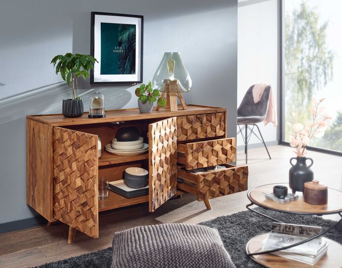 FineBuy Sideboard 138x76x45 cm Sheesham Massivholz Anrichte mit Türen & Schubladen, Kommode Kommodenschrank Holz Modern, Standschrank Wohnzimmer 4251757710674