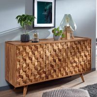 Massivholz Sideboard 140cm Sheesham Natur Kommode mit 2 Türen & 3 Schubladen Retro Design – Ansicht 1