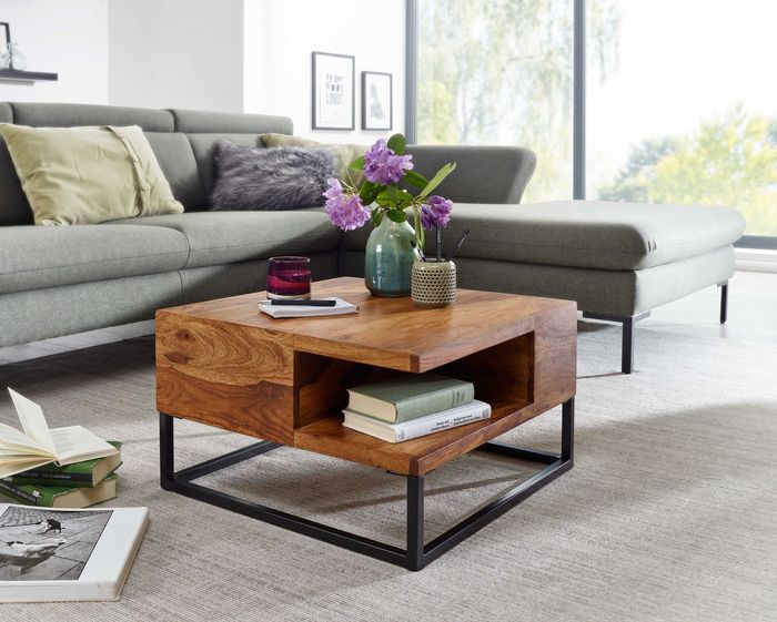 FineBuy Couchtisch 60x60x34,5 cm Sheesham Massivholz / Metall Sofatisch Eckig, Wohnzimmertisch mit Stauraum, Kaffeetisch Massiv, Kleiner Tisch Beistelltisch Wohnzimmer Modern Quadratisch