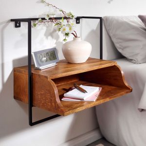 FB79568 FineBuy Nachtkonsole für Wandmontage 44x45x35 cm Nachttisch Mango Massivholz, Nachtschrank mit Ablage, Wandboard Schwebend für Boxspringbett, Wandkonsole Nachtkästchen Hängend 4251757710704