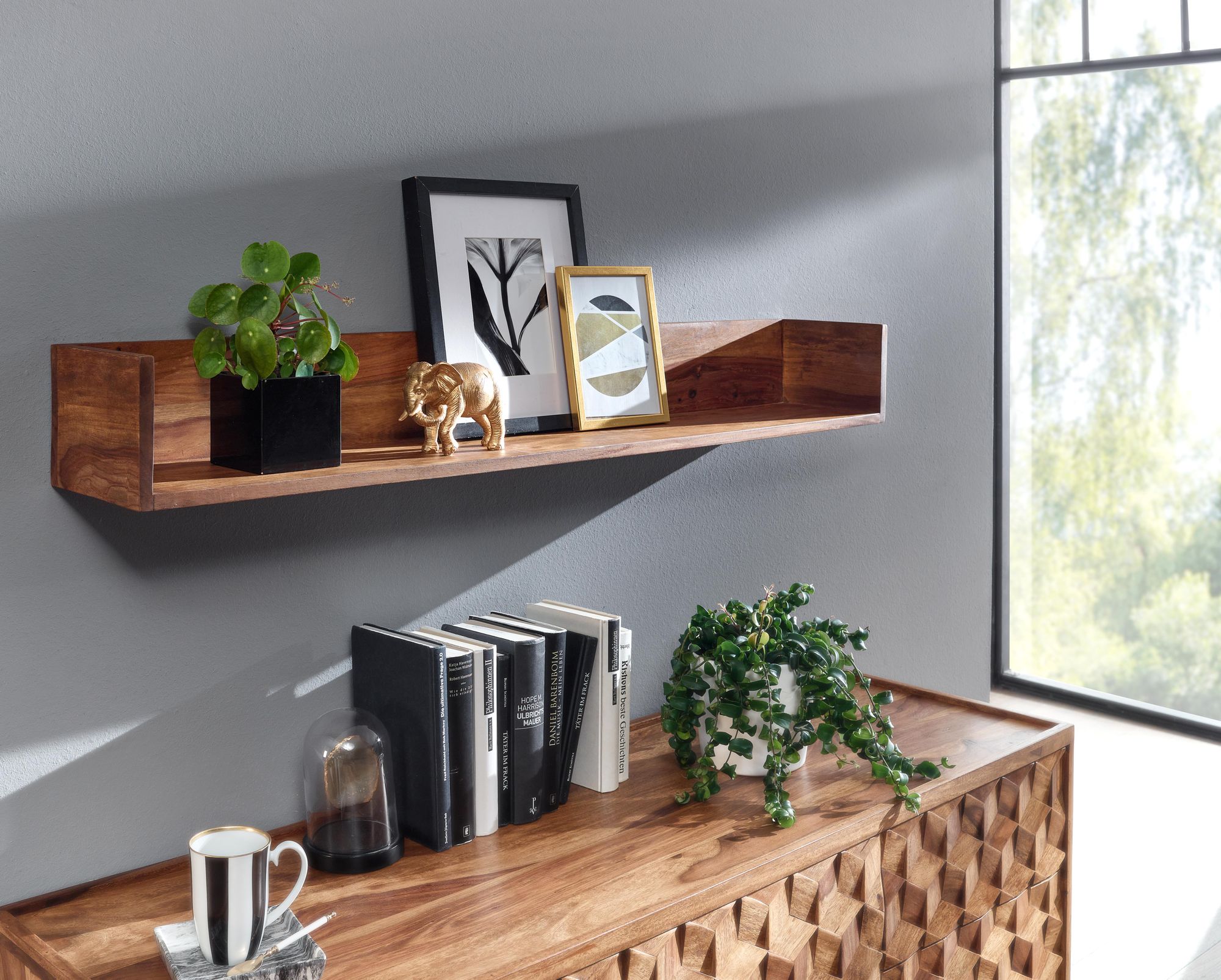 FineBuy Wandregal 120x15x20 cm Sheesham Massivholz Hängeregal Modern Schwebend, Großes Design Schweberegal, Regal Hängend Wohnzimmer, Bücherregal Wand | Farbe: Braun