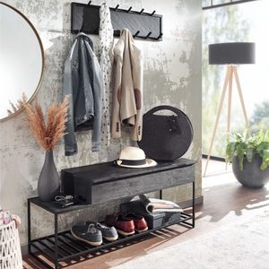 FB79609 FineBuy Sitzbank mit Wandgarderobe Schwarz Mango Massivholz Schuhbank 110 cm, Design Garderoben-Set Industrial Flur, Garderobenbank mit Stauraum und Schuhregal, Flurbank mit Sitzfläche 4251757710766