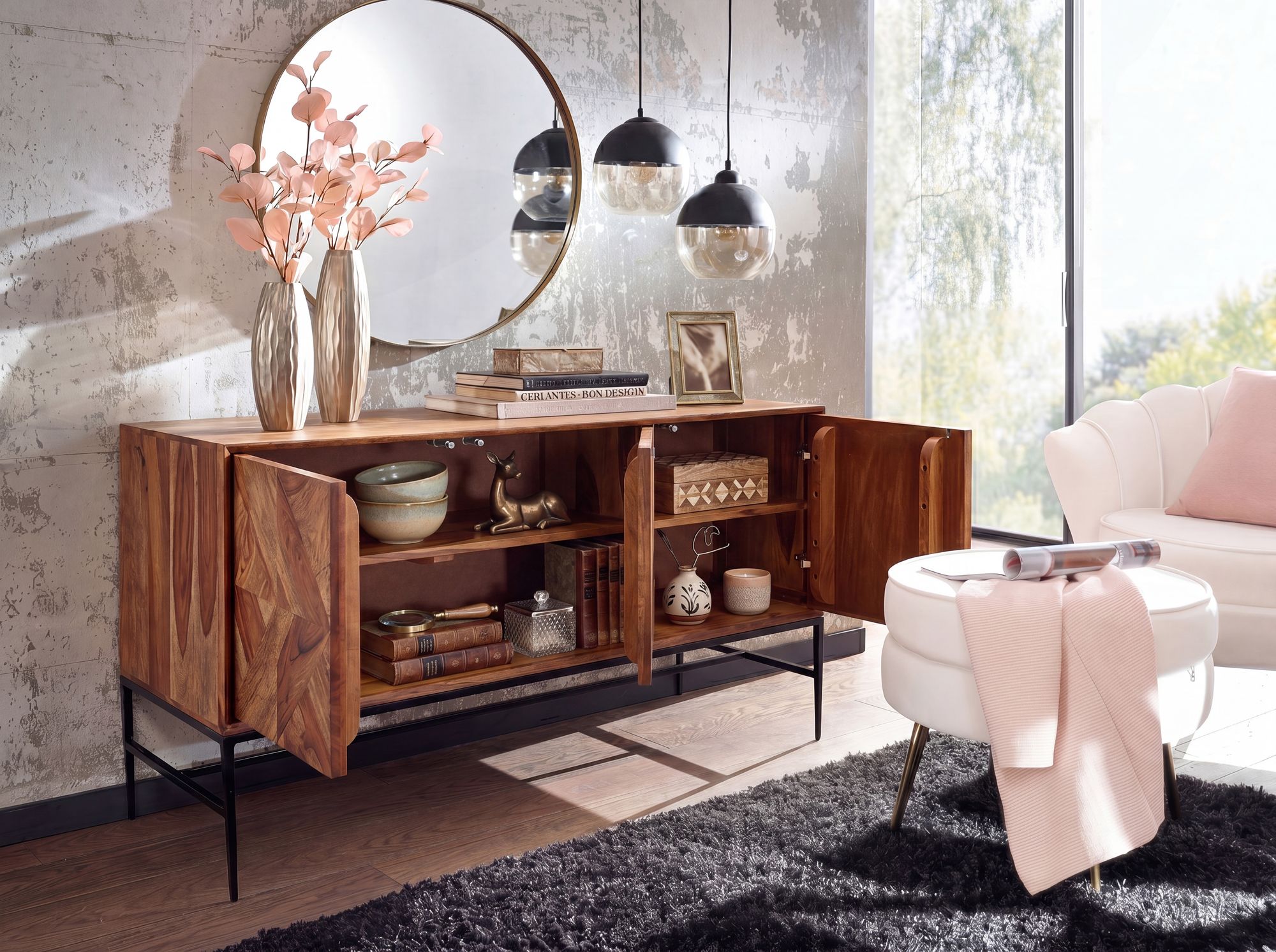 Massivholz Sideboard 120cm Sheesham Natur Design Kommode mit 3 Türen Metall schwarz – Ansicht 2