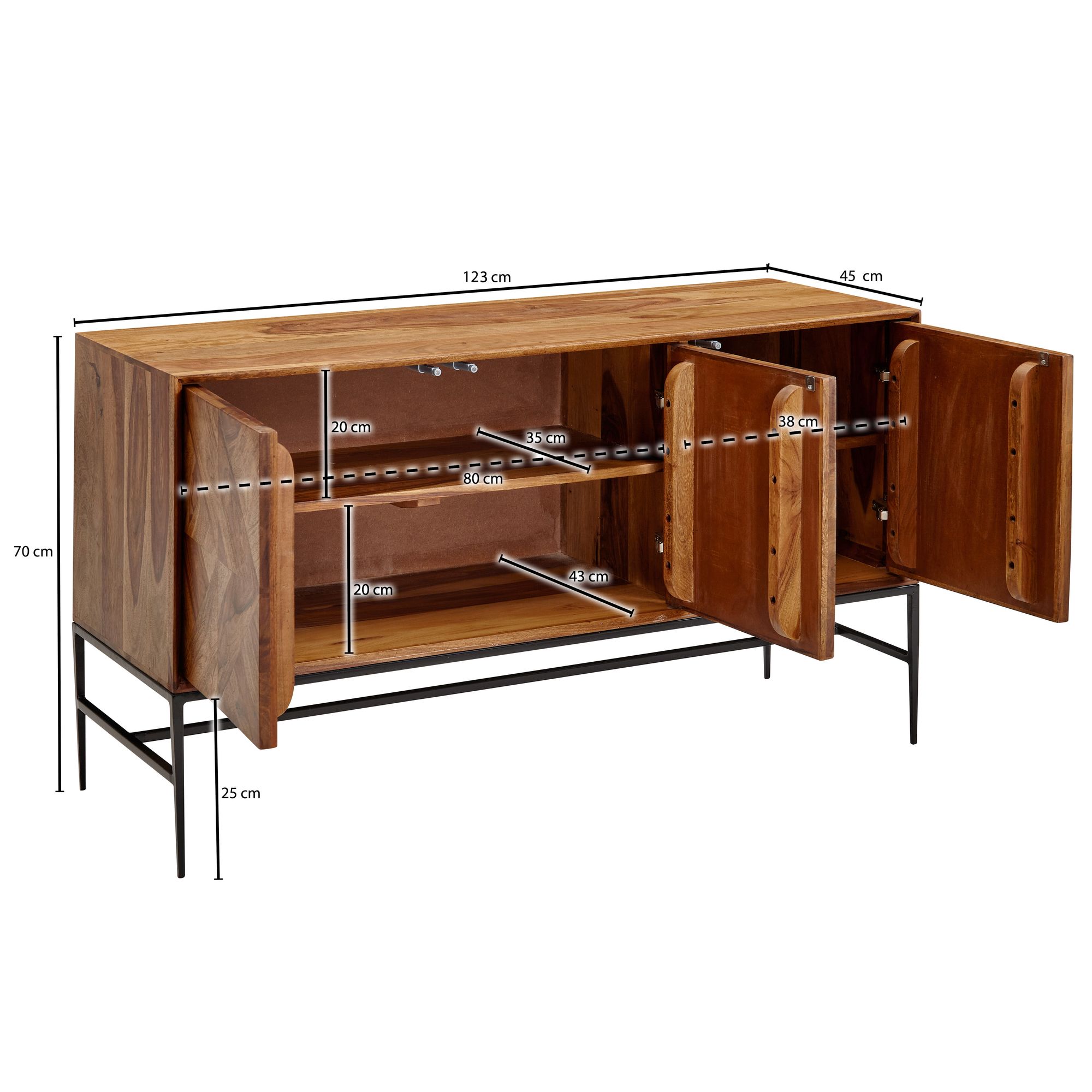 Massivholz Sideboard 120cm Sheesham Natur Design Kommode mit 3 Türen Metall schwarz – Ansicht 3