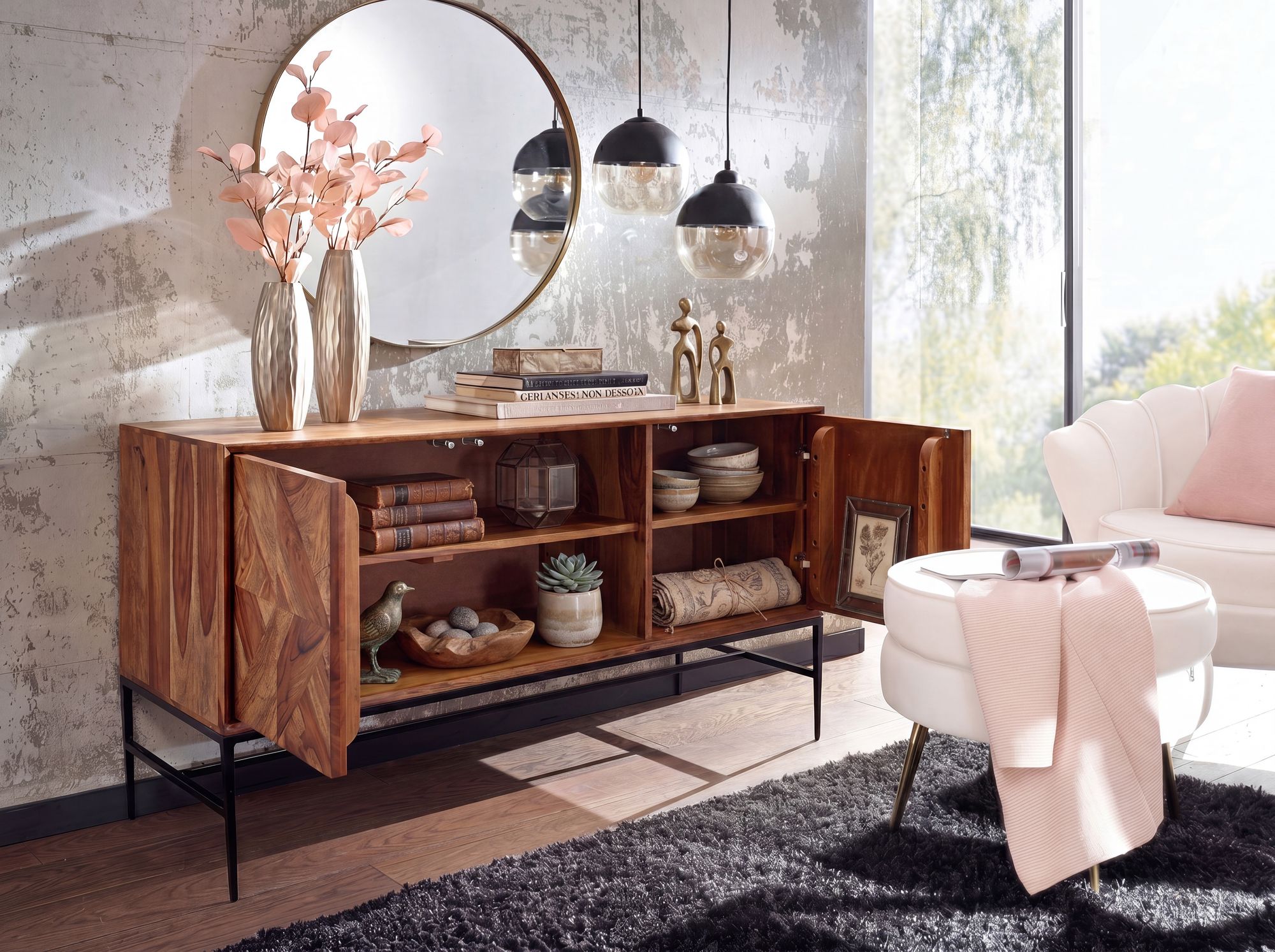 Massivholz Sideboard 120cm Sheesham Natur Design Kommode mit 3 Türen Metall schwarz – Ansicht 2