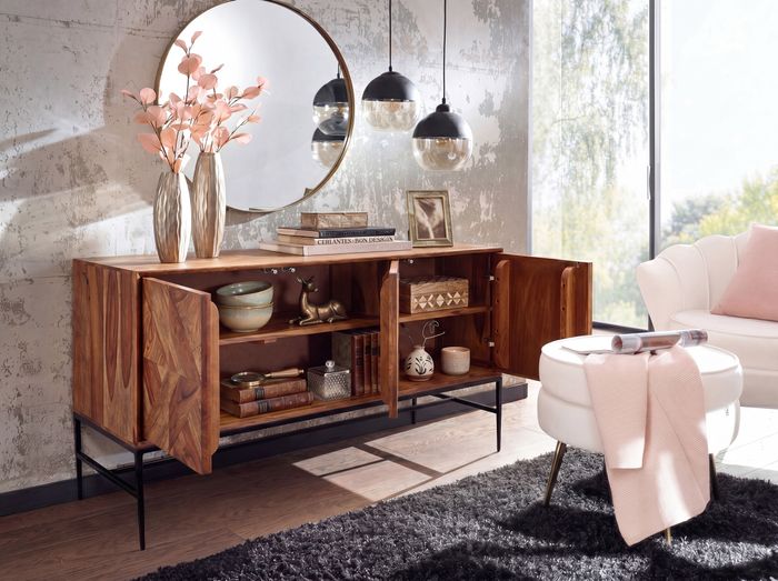 FineBuy Sideboard 123x70x45 cm Sheesham Massivholz / Metall Anrichte mit Türen, Industrial Kommode Kommodenschrank Holz Modern, Standschrank Wohnzimmer 4251757710773