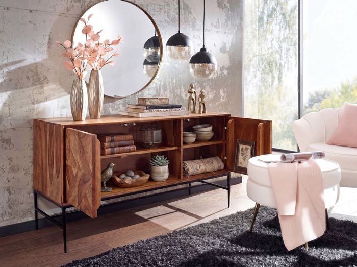 FineBuy Sideboard 123x70x45 cm Sheesham Massivholz / Metall Anrichte mit Türen, Industrial Kommode Kommodenschrank Holz Modern, Standschrank Wohnzimmer 4251757710773