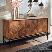 Massivholz Sideboard 120cm Sheesham Natur Design Kommode mit 3 Türen Metall schwarz – Ansicht 1