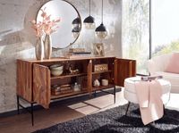 Massivholz Sideboard 120cm Sheesham Natur Design Kommode mit 3 Türen Metall schwarz – Ansicht 2